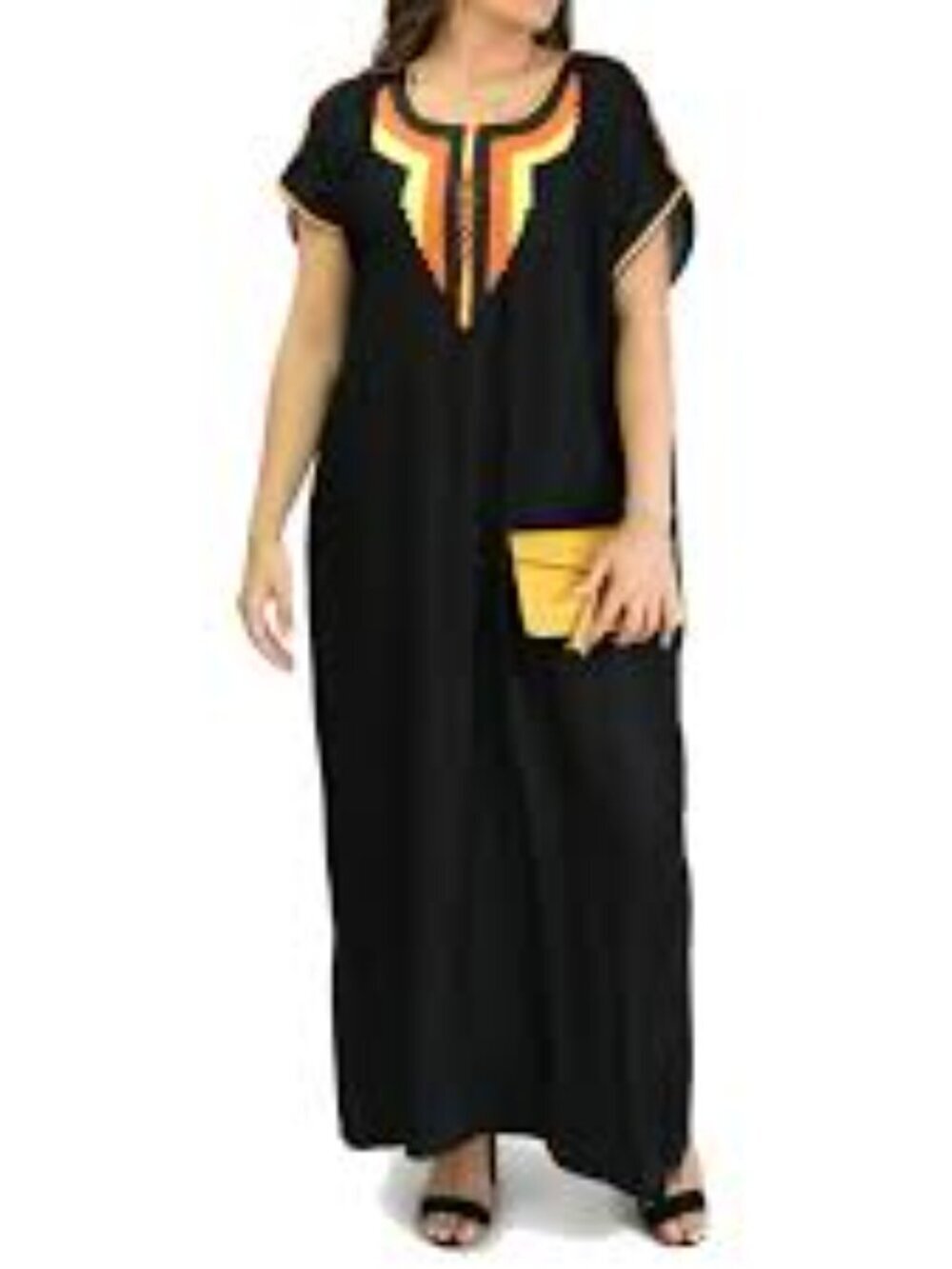 Women's Black Boho Embroidered Kaftan Maxi Dress OS